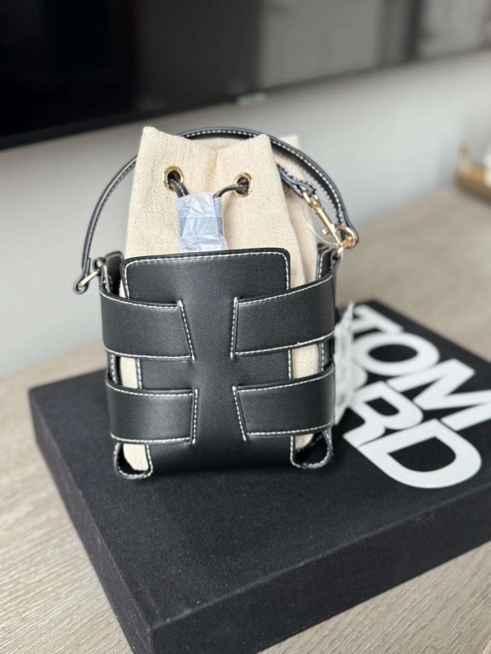Black Leather Cage Bucket Bag with Canvas Insert